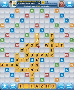 At time of posting, I'm not only up 10 points on K.G. but it's my turn and I'm plotting to use my Z on a triple word score...